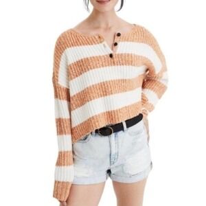 American Eagle Womens Striped Henley Crewneck Cropped Long Sleeve Sweater Size L